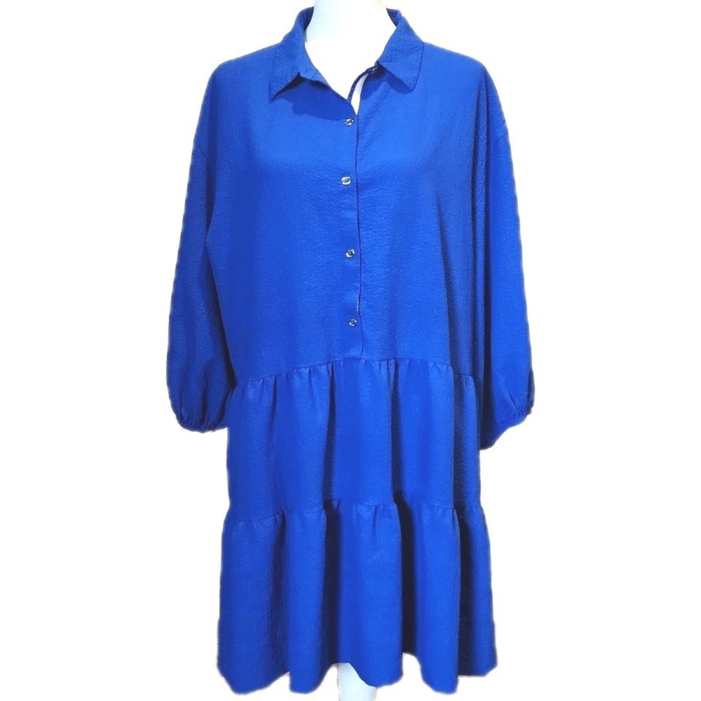 DKNY Dress Womens 12 Royal Blue Tiered Pockets Stretch‎ Prairie Feminine Flowy